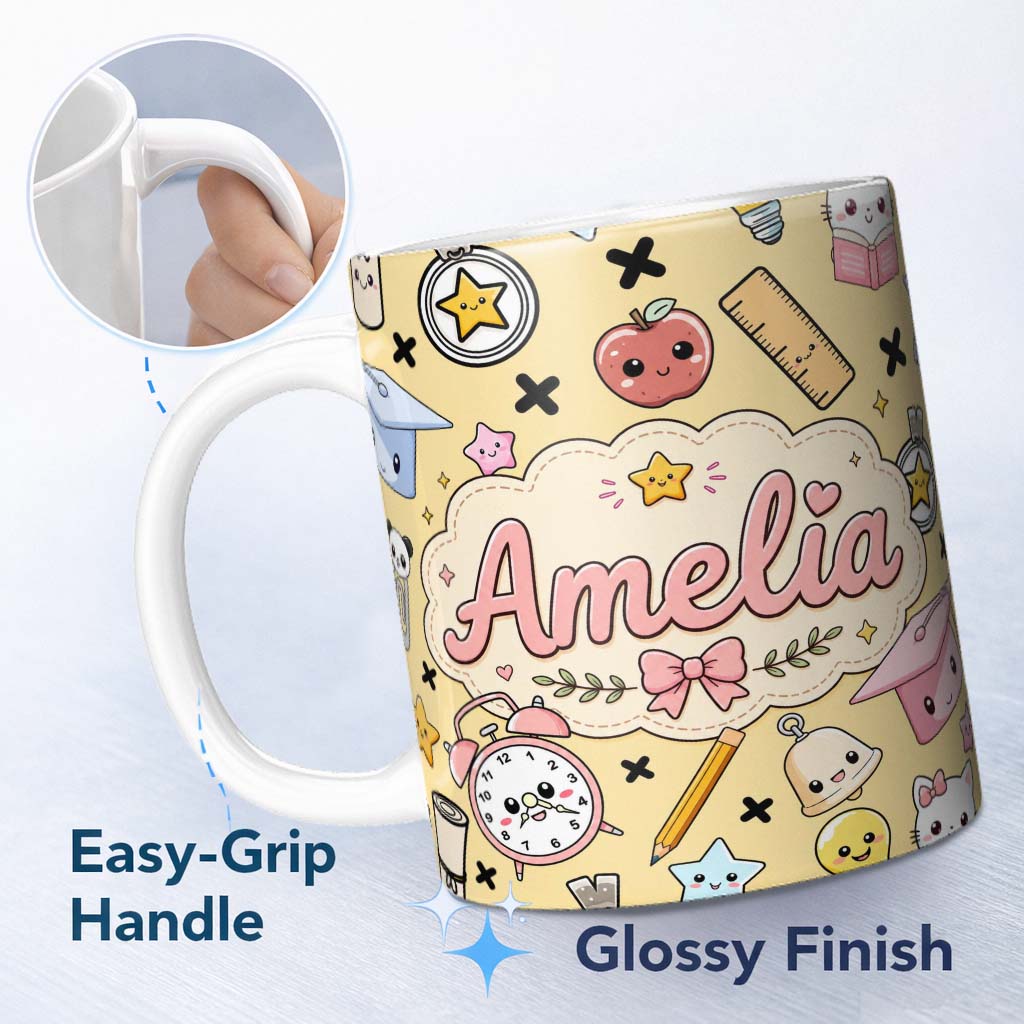 Personalized Custom Name Cute Kawaii School Supplies Cat Books Beige Background Seamless 11oz Ceramic Coffee Tea Mug White Large Handle