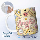 Personalized Custom Name Cute Kawaii School Supplies Cat Books Beige Background Seamless 11oz Ceramic Coffee Tea Mug White Large Handle