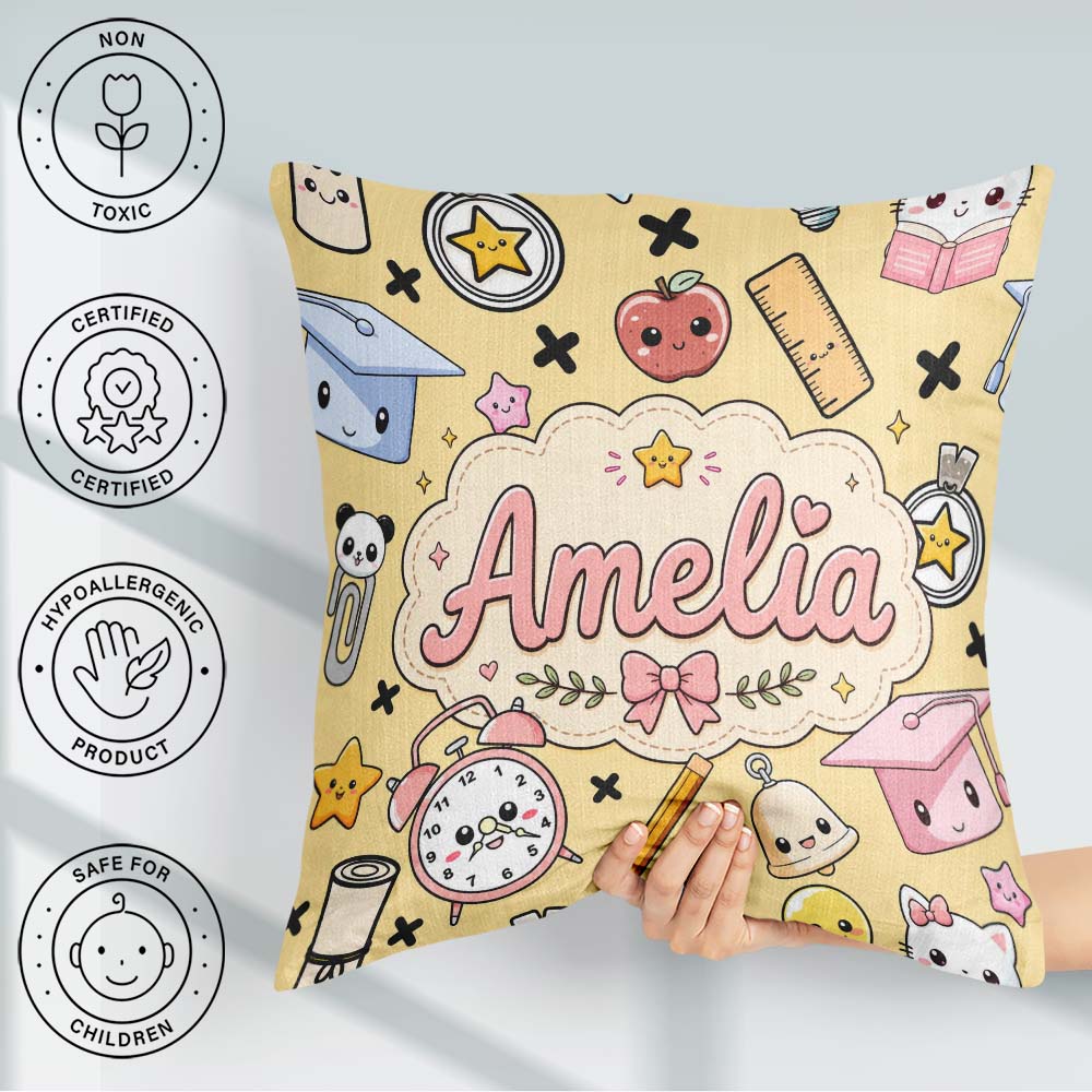 Custom Name Cute Kawaii School Supplies Cat Books Beige Seamless Square Filled Cushion Throw Pillow Sofa Bed Home Decor Zip Washable UK Made