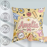 Custom Name Cute Kawaii School Supplies Cat Books Beige Seamless Square Filled Cushion Throw Pillow Sofa Bed Home Decor Zip Washable UK Made