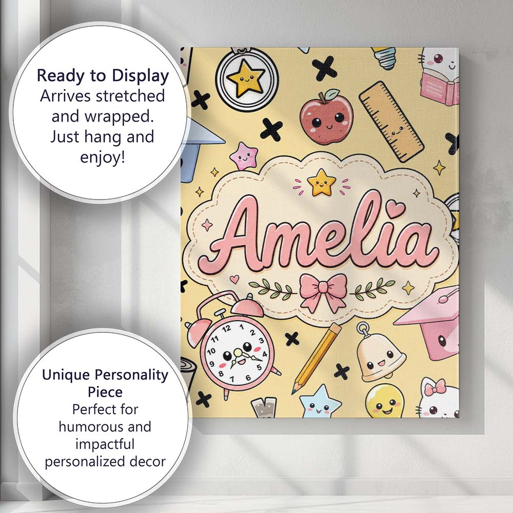 Personalised Name Cute Kawaii School Custom Premium Decorative Design Modern Room Accent Canvas Wall Art Print Decor Picture Ready to Hang