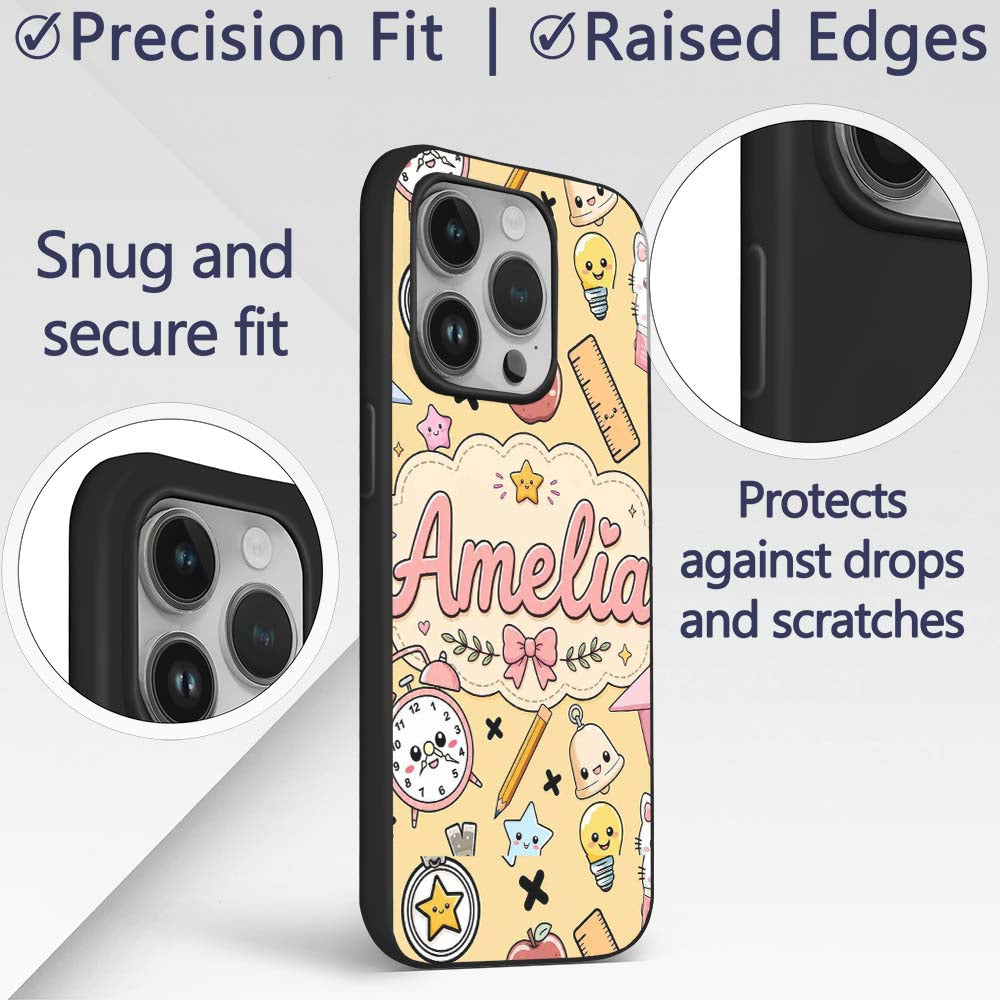 Cute Kawaii School Supplies Cat Printed Design Custom Name Protective Phone Case Mobile Cover Durable Everyday Smartphone Shock Resistant