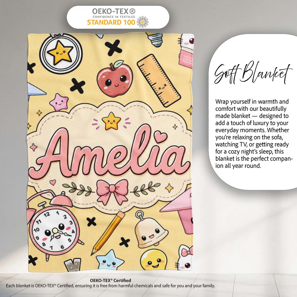 Cute Kawaii School Supplies Cat Books Beige Background Seamless  Personalised Custom Name Super Soft Fleece Blanket Bed Sofa Throw