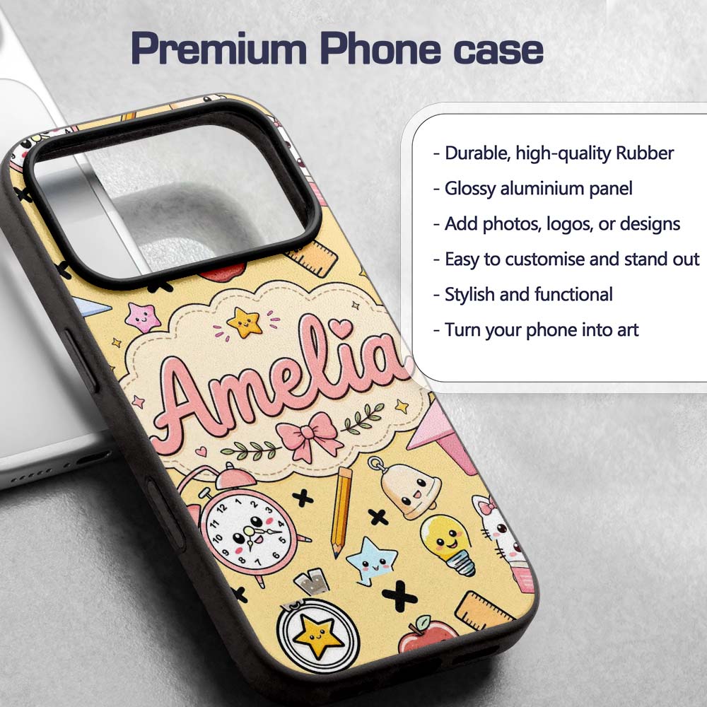 Cute Kawaii School Supplies Cat Printed Design Custom Name Protective Phone Case Mobile Cover Durable Everyday Smartphone Shock Resistant