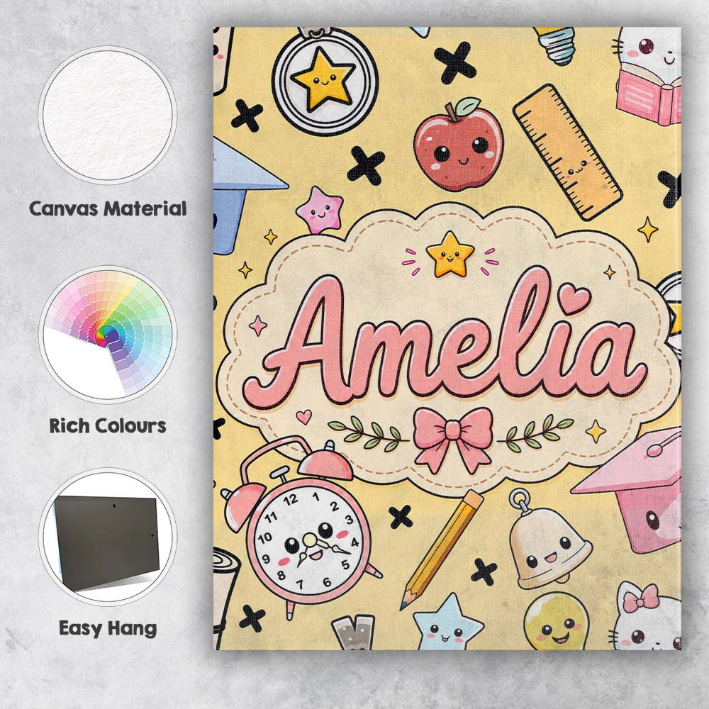 Personalised Name Cute Kawaii School Custom Premium Decorative Design Modern Room Accent Canvas Wall Art Print Decor Picture Ready to Hang