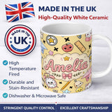 Personalized Custom Name Cute Kawaii School Supplies Cat Books Beige Background Seamless 11oz Ceramic Coffee Tea Mug White Large Handle