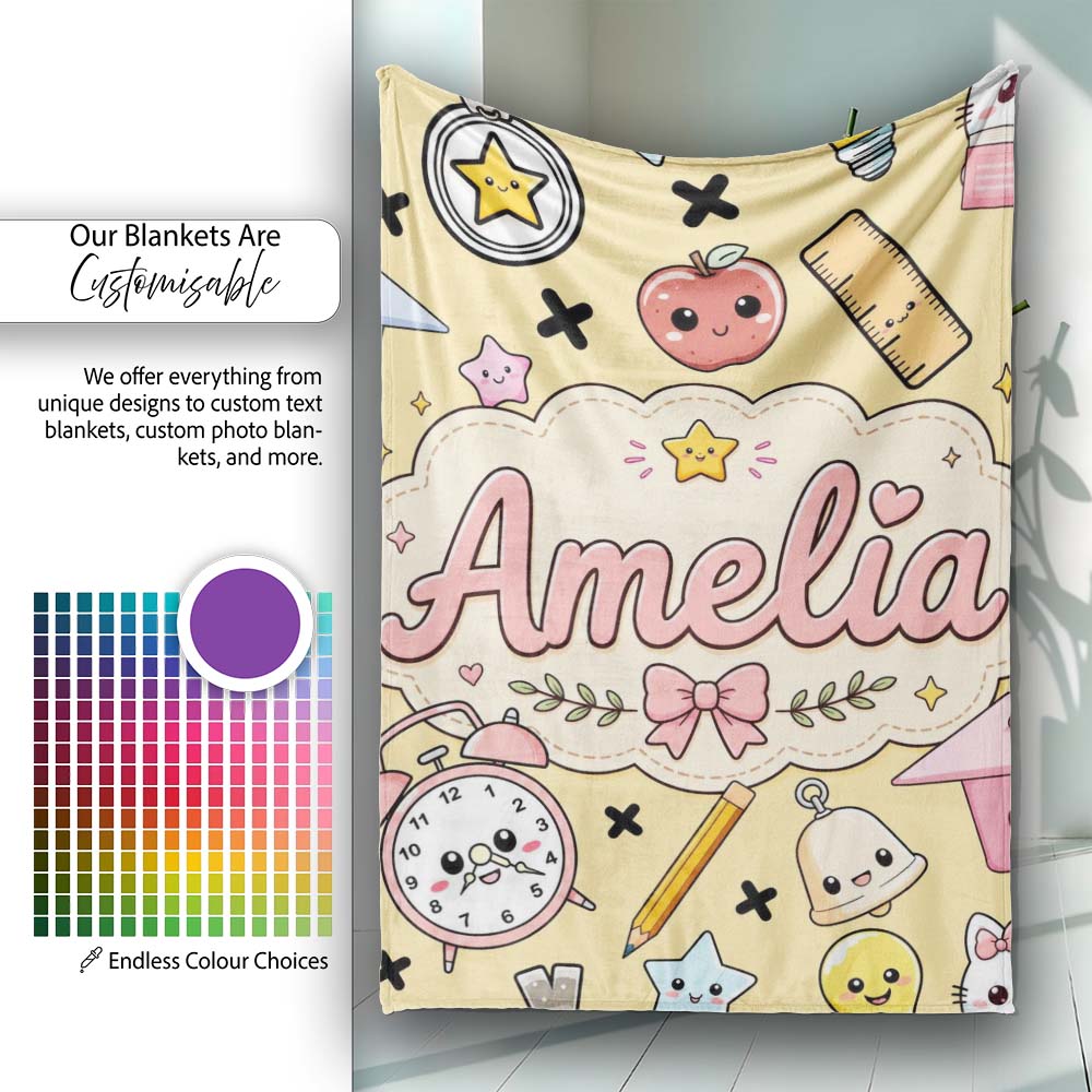 Cute Kawaii School Supplies Cat Books Beige Background Seamless  Personalised Custom Name Super Soft Fleece Blanket Bed Sofa Throw