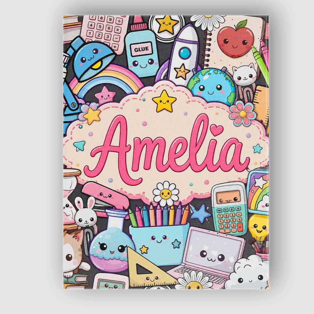 Personalised Name Cute Kawaii Busy School Custom  Unique Gift Idea Elegant Feature Canvas Wall Art Print Decor Picture Ready to Hang