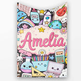 Cute Kawaii Busy School Supplies Desk Cartoon Seamless Pattern  Personalised Custom Name Super Soft Fleece Blanket Bed Sofa Throw