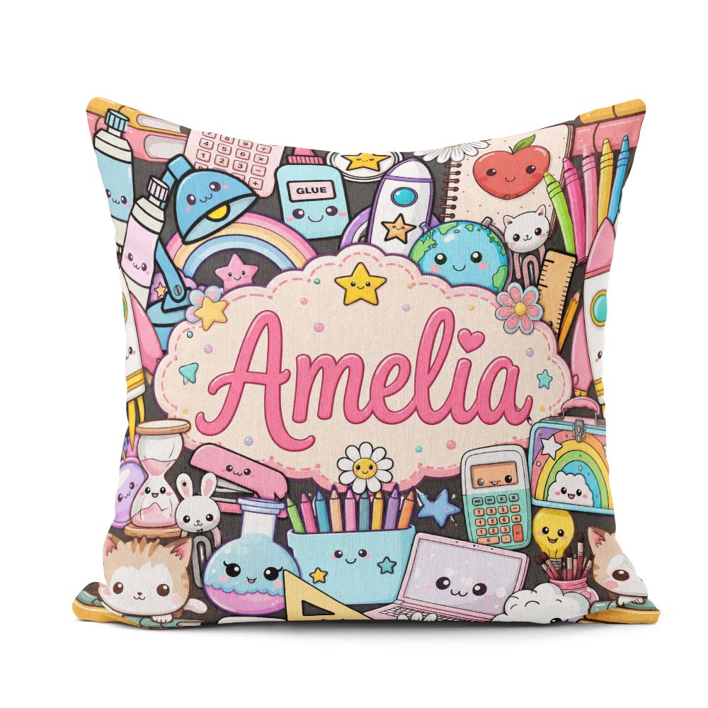 Custom Name Kawaii Busy School Supplies Cartoon Seamless Pattern Square Filled Cushion Throw Pillow Sofa Bed Home Decor Zip Washable UK Made