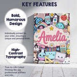Personalised Name Cute Kawaii Busy School Custom  Unique Gift Idea Elegant Feature Canvas Wall Art Print Decor Picture Ready to Hang