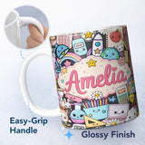 Personalized Custom Name Cute Kawaii Busy School Supplies Desk Cartoon Seamless Pattern 11oz Ceramic Coffee Tea Mug White Large Handle