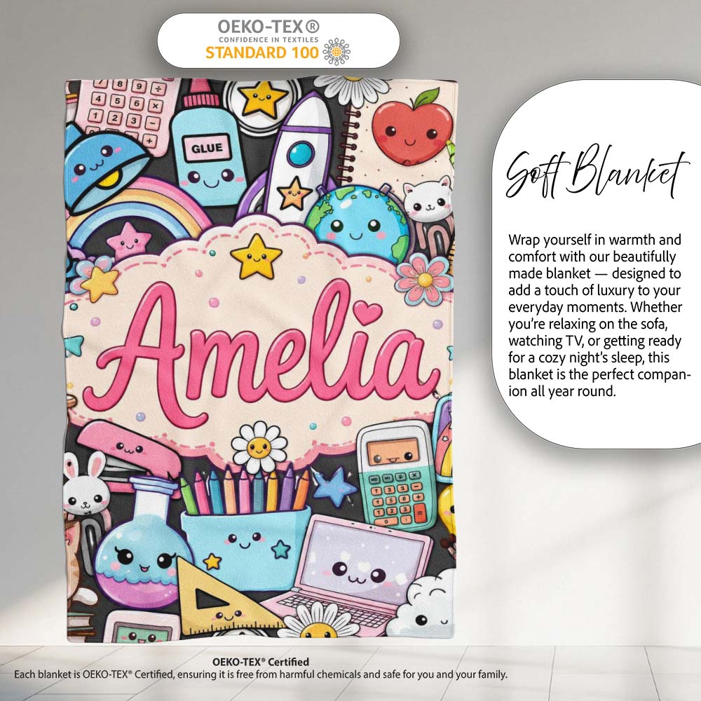 Cute Kawaii Busy School Supplies Desk Cartoon Seamless Pattern  Personalised Custom Name Super Soft Fleece Blanket Bed Sofa Throw
