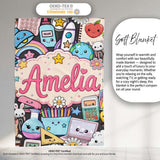 Cute Kawaii Busy School Supplies Desk Cartoon Seamless Pattern  Personalised Custom Name Super Soft Fleece Blanket Bed Sofa Throw