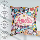 Custom Name Kawaii Busy School Supplies Cartoon Seamless Pattern Square Filled Cushion Throw Pillow Sofa Bed Home Decor Zip Washable UK Made