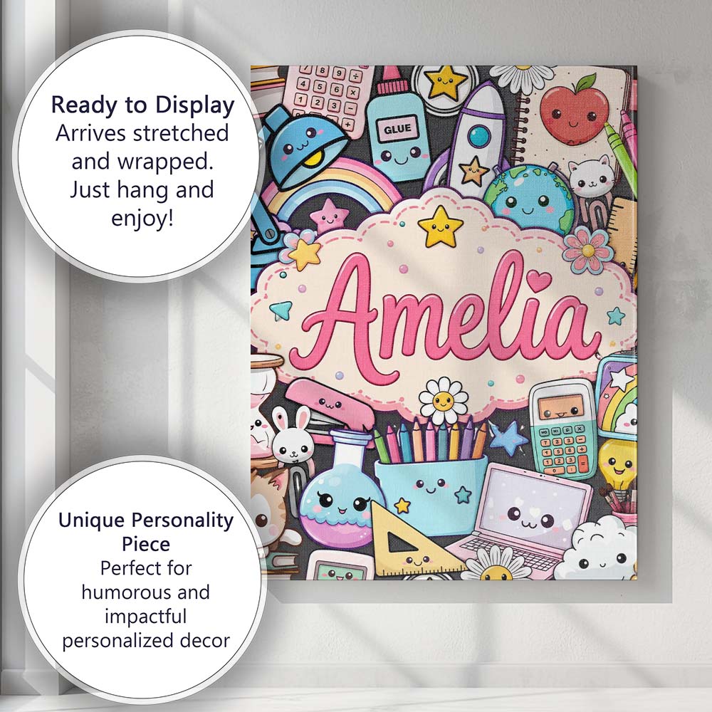 Personalised Name Cute Kawaii Busy School Custom  Unique Gift Idea Elegant Feature Canvas Wall Art Print Decor Picture Ready to Hang
