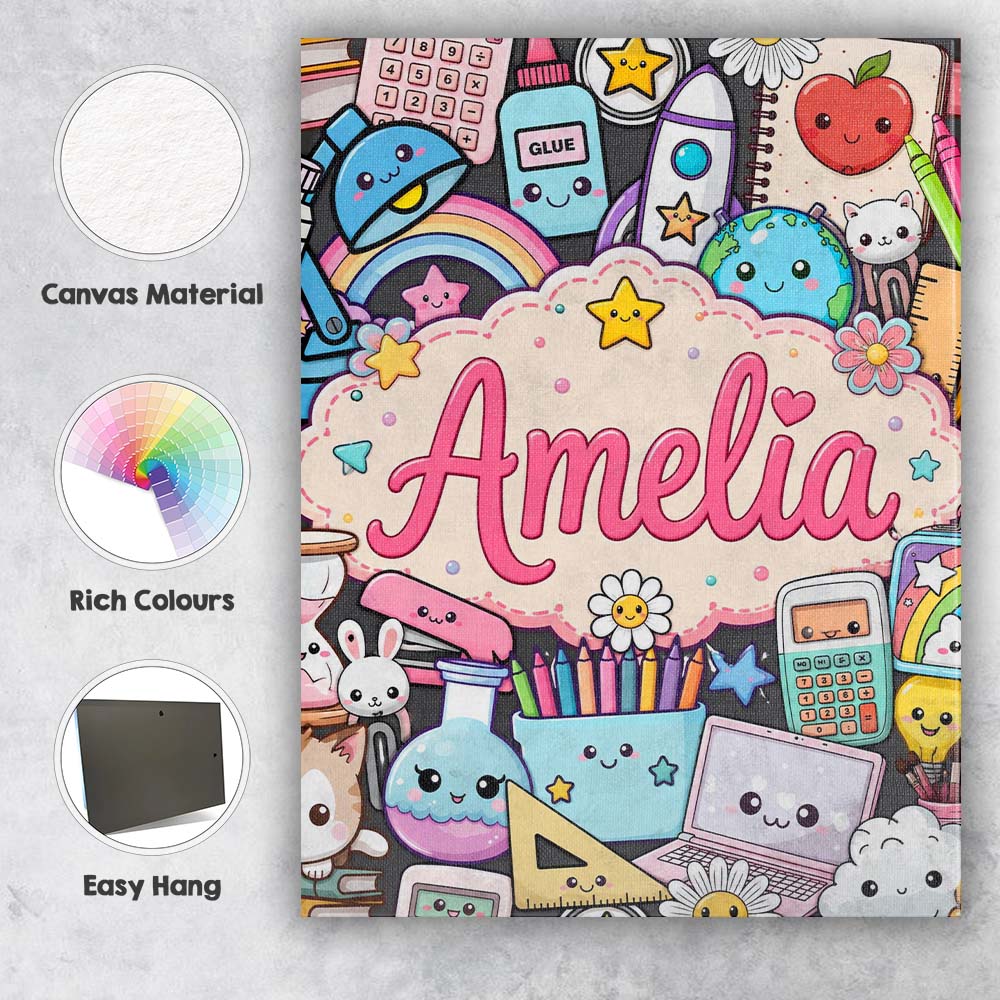 Personalised Name Cute Kawaii Busy School Custom  Unique Gift Idea Elegant Feature Canvas Wall Art Print Decor Picture Ready to Hang
