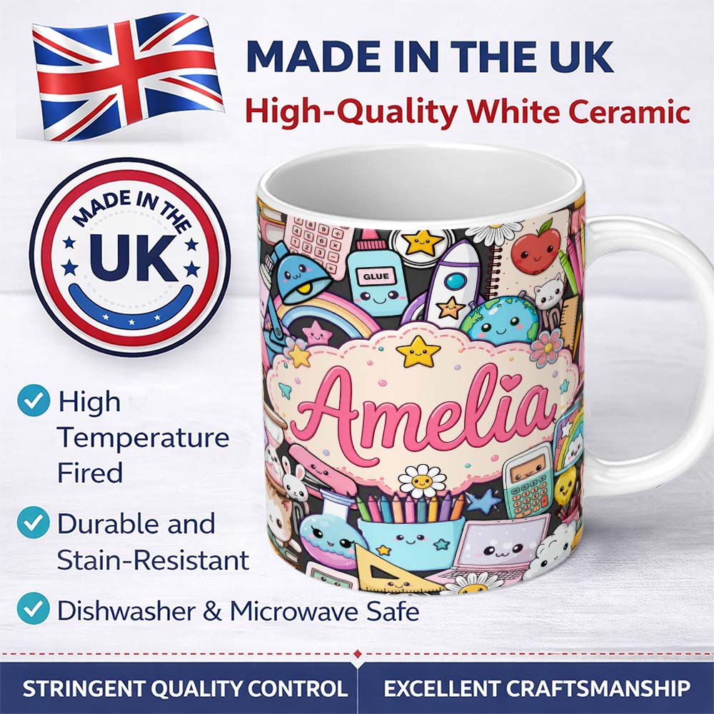 Personalized Custom Name Cute Kawaii Busy School Supplies Desk Cartoon Seamless Pattern 11oz Ceramic Coffee Tea Mug White Large Handle