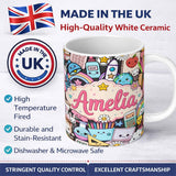 Personalized Custom Name Cute Kawaii Busy School Supplies Desk Cartoon Seamless Pattern 11oz Ceramic Coffee Tea Mug White Large Handle