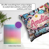 Custom Name Kawaii Busy School Supplies Cartoon Seamless Pattern Square Filled Cushion Throw Pillow Sofa Bed Home Decor Zip Washable UK Made
