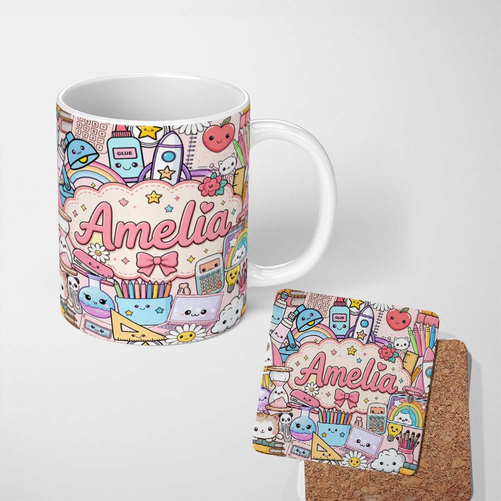 Personalized Custom Name Cute Kawaii Busy School Supplies Desk Pink Background Seamless 11oz Ceramic Coffee Tea Mug White Large Handle