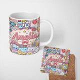 Personalized Custom Name Cute Kawaii Busy School Supplies Desk Pink Background Seamless 11oz Ceramic Coffee Tea Mug White Large Handle