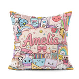 Custom Name Cute Kawaii Busy School Supplies Desk Pink Seamless Square Filled Cushion Throw Pillow Sofa Bed Home Decor Zip Washable UK Made