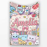 Cute Kawaii Busy School Supplies Desk Pink Background Seamless  Personalised Custom Name Super Soft Fleece Blanket Bed Sofa Throw