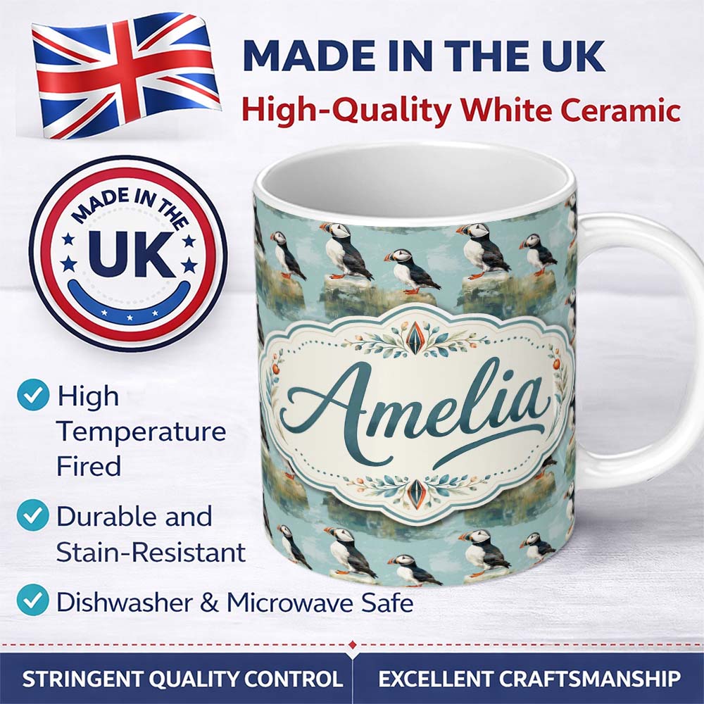 Personalized Custom Name Puffin Bird Pattern Coastal Wildlife Rock Scene Seamless Design 11oz Ceramic Coffee Tea Mug White Large Handle