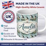 Personalized Custom Name Puffin Bird Pattern Coastal Wildlife Rock Scene Seamless Design 11oz Ceramic Coffee Tea Mug White Large Handle