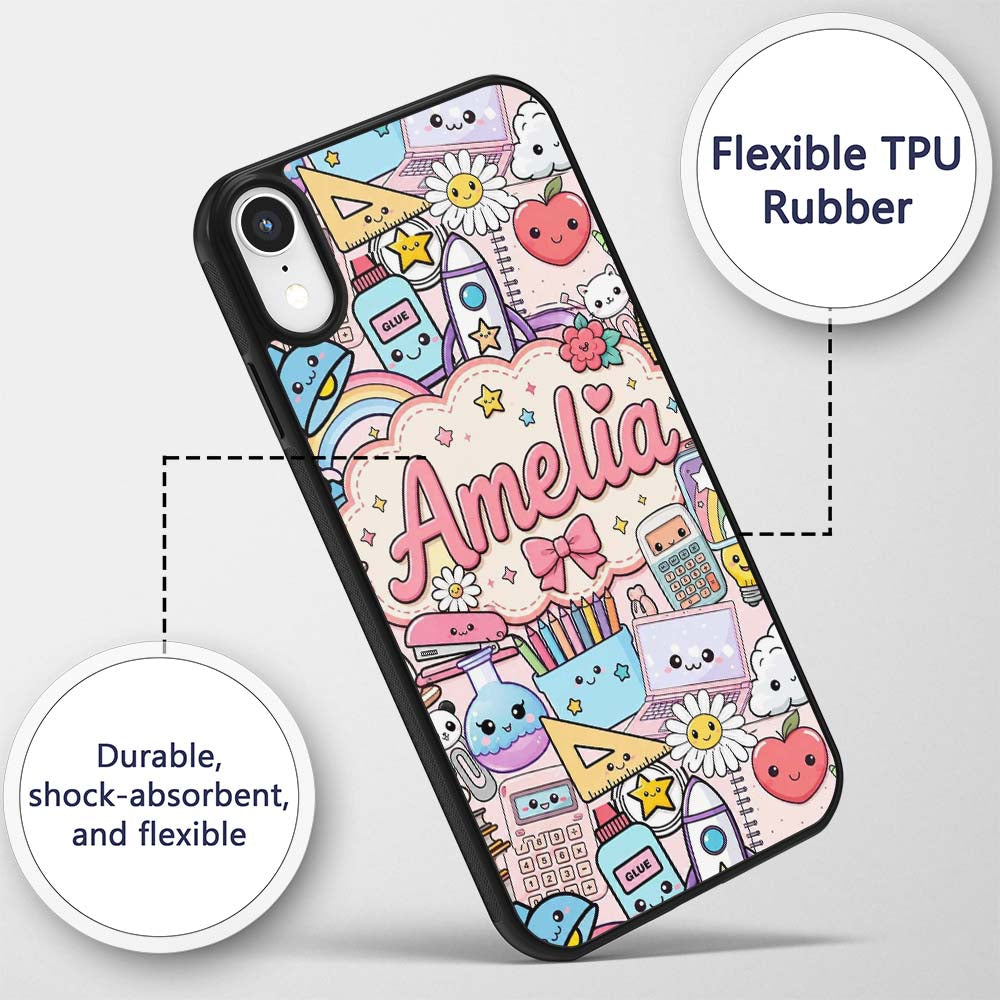 Cute Kawaii Busy School Supplies Printed Design Custom Name Protective Phone Case Mobile Cover Durable Everyday Smartphone Shock Resistant