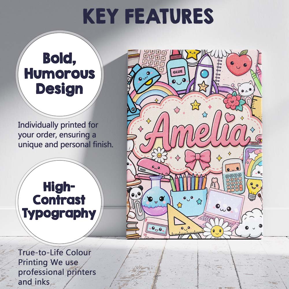 Personalised Name Cute Kawaii Busy School Custom  Unique Gift Idea Elegant Feature Canvas Wall Art Print Decor Picture Ready to Hang