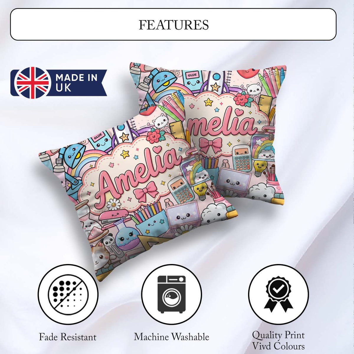 Custom Name Cute Kawaii Busy School Supplies Desk Pink Seamless Square Filled Cushion Throw Pillow Sofa Bed Home Decor Zip Washable UK Made