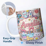 Personalized Custom Name Cute Kawaii Busy School Supplies Desk Pink Background Seamless 11oz Ceramic Coffee Tea Mug White Large Handle