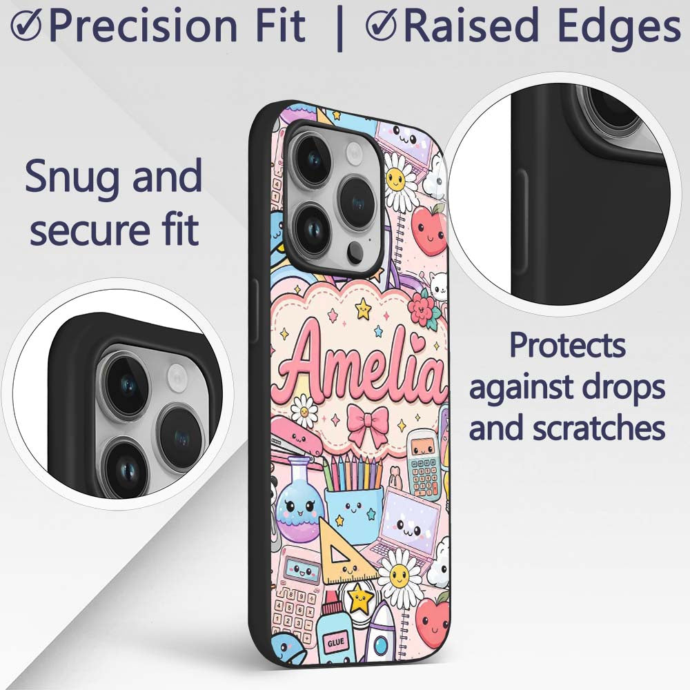 Cute Kawaii Busy School Supplies Printed Design Custom Name Protective Phone Case Mobile Cover Durable Everyday Smartphone Shock Resistant