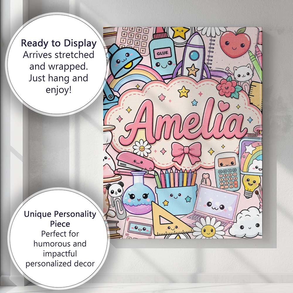 Personalised Name Cute Kawaii Busy School Custom  Unique Gift Idea Elegant Feature Canvas Wall Art Print Decor Picture Ready to Hang