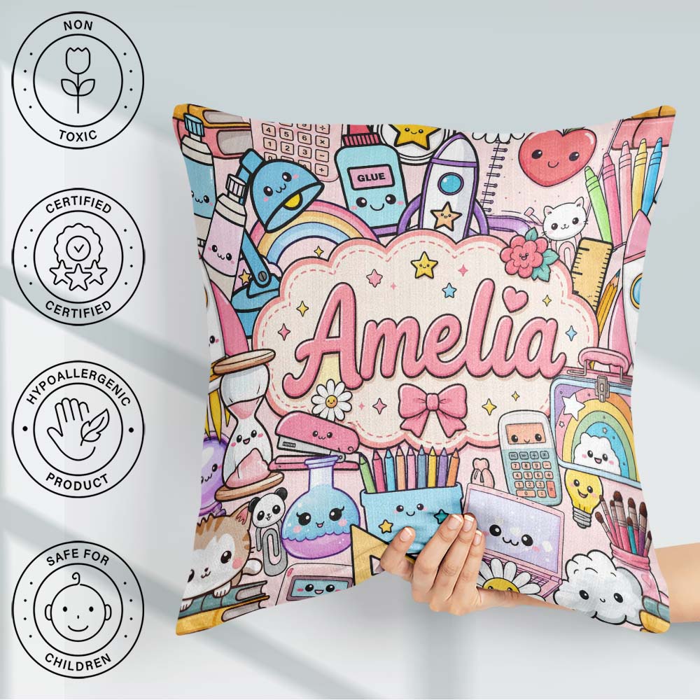 Custom Name Cute Kawaii Busy School Supplies Desk Pink Seamless Square Filled Cushion Throw Pillow Sofa Bed Home Decor Zip Washable UK Made