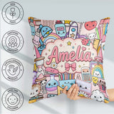 Custom Name Cute Kawaii Busy School Supplies Desk Pink Seamless Square Filled Cushion Throw Pillow Sofa Bed Home Decor Zip Washable UK Made
