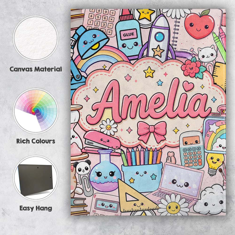 Personalised Name Cute Kawaii Busy School Custom  Unique Gift Idea Elegant Feature Canvas Wall Art Print Decor Picture Ready to Hang