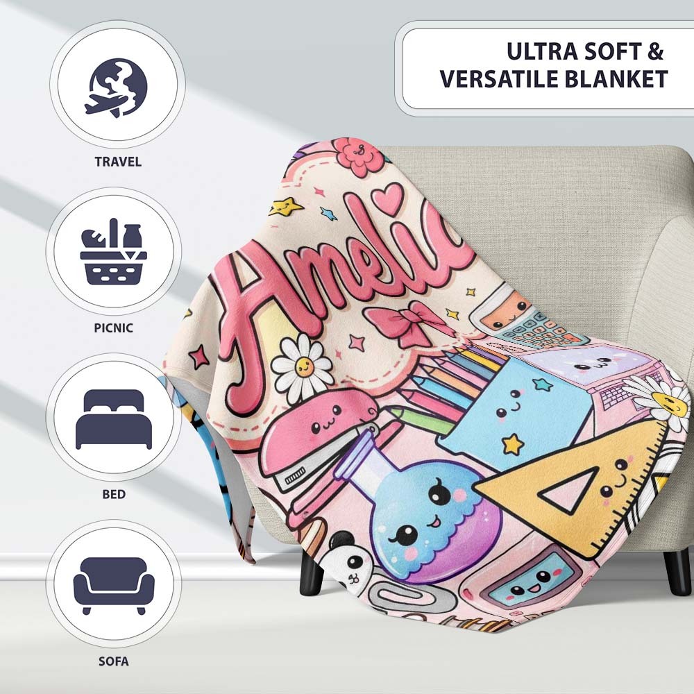 Cute Kawaii Busy School Supplies Desk Pink Background Seamless  Personalised Custom Name Super Soft Fleece Blanket Bed Sofa Throw