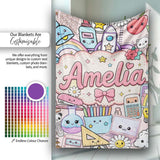Cute Kawaii Busy School Supplies Desk Pink Background Seamless  Personalised Custom Name Super Soft Fleece Blanket Bed Sofa Throw