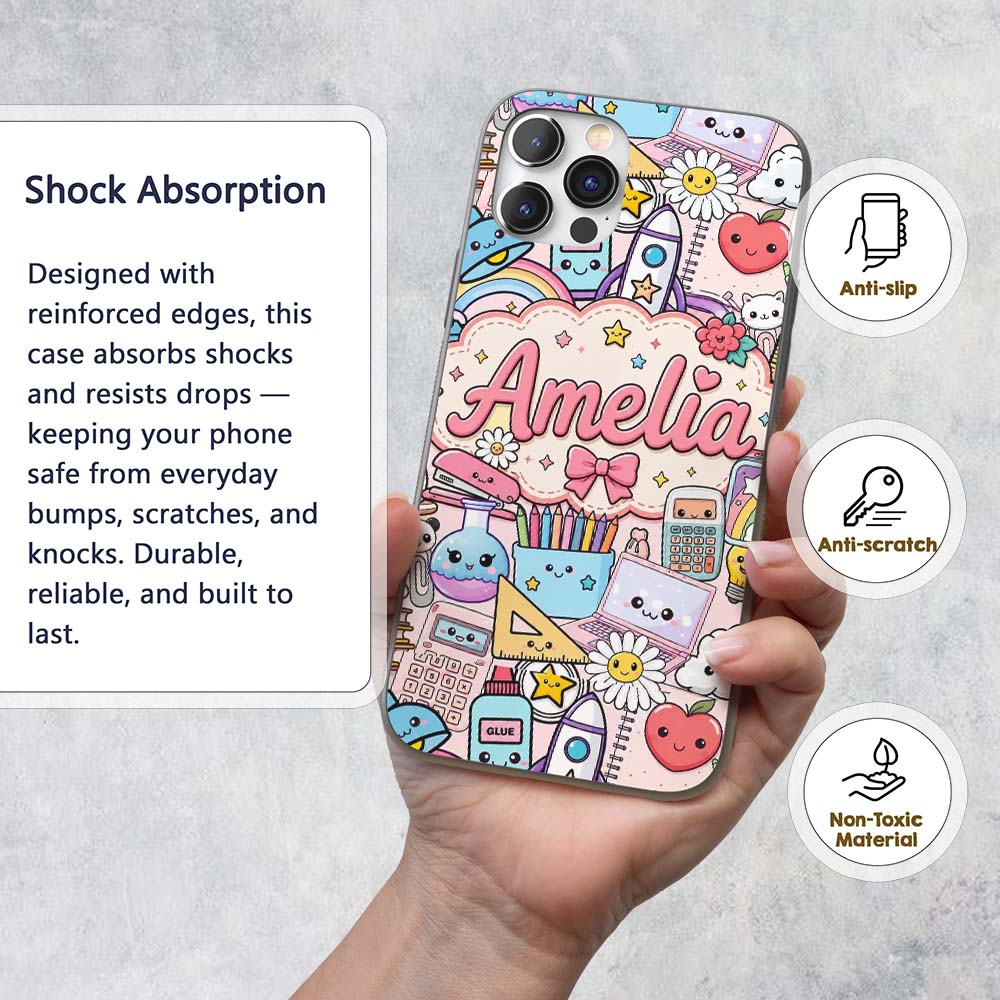 Cute Kawaii Busy School Supplies Printed Design Custom Name Protective Phone Case Mobile Cover Durable Everyday Smartphone Shock Resistant
