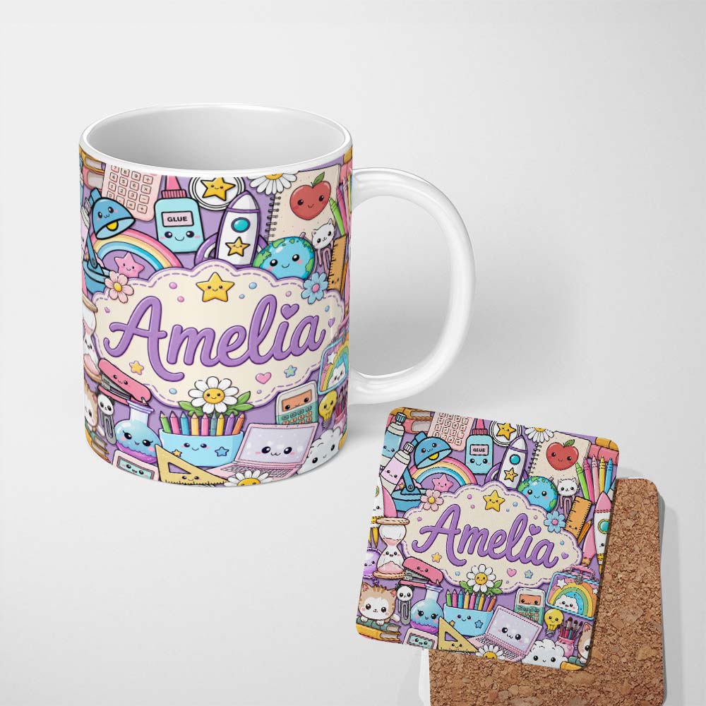 Personalized Custom Name Cute Kawaii Busy School Supplies Desk Purple Background Seamless 11oz Ceramic Coffee Tea Mug White Large Handle
