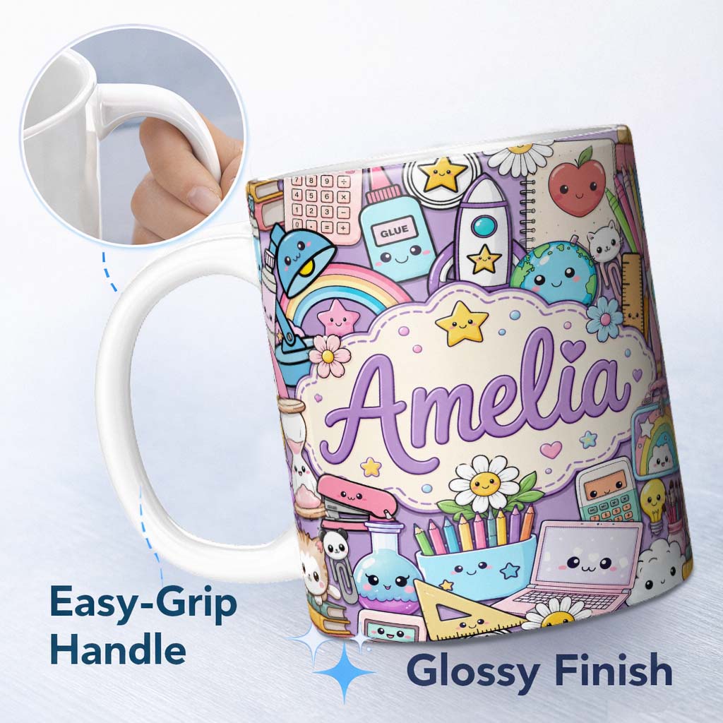 Personalized Custom Name Cute Kawaii Busy School Supplies Desk Purple Background Seamless 11oz Ceramic Coffee Tea Mug White Large Handle
