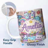 Personalized Custom Name Cute Kawaii Busy School Supplies Desk Purple Background Seamless 11oz Ceramic Coffee Tea Mug White Large Handle