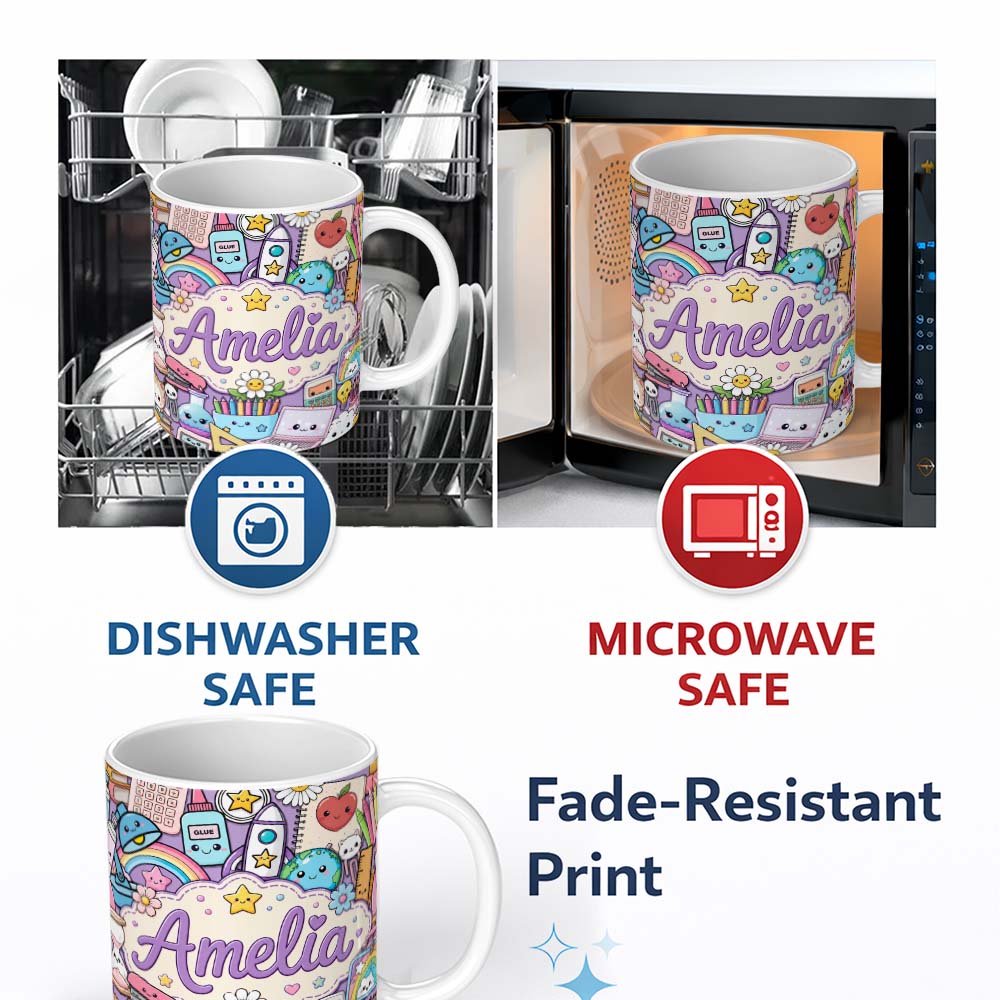 Personalized Custom Name Cute Kawaii Busy School Supplies Desk Purple Background Seamless 11oz Ceramic Coffee Tea Mug White Large Handle