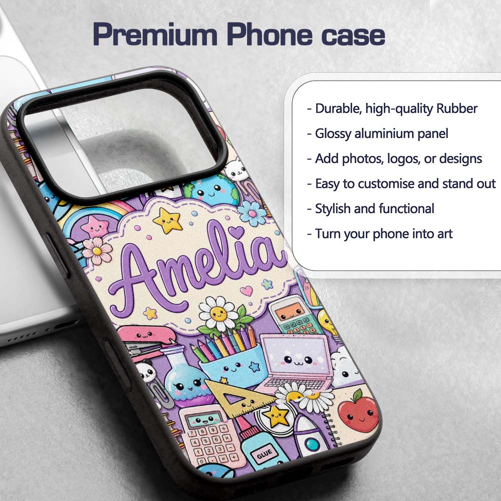 Cute Kawaii Busy School Supplies Desk Purple Custom Name Protective Phone Case Mobile Cover Durable Everyday Smartphone Shock Resistant