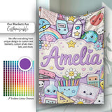 Cute Kawaii Busy School Supplies Desk Purple Background Seamless  Personalised Custom Name Super Soft Fleece Blanket Bed Sofa Throw