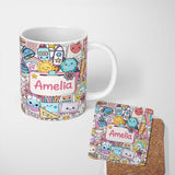 Personalized Custom Name Cute Kawaii Busy School Supplies Desk Grey Background Seamless 11oz Ceramic Coffee Tea Mug White Large Handle