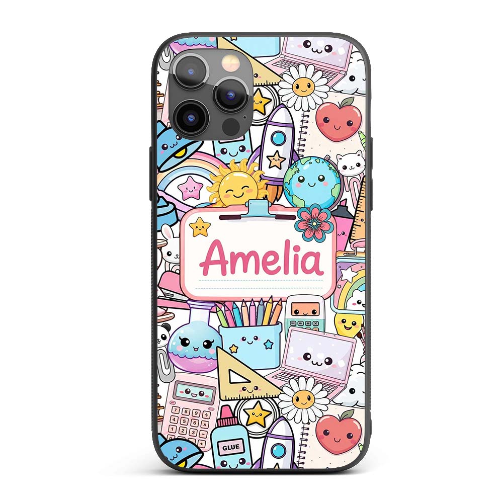 Cute Kawaii Busy School Supplies Printed Design Custom Name Protective Phone Case Mobile Cover Durable Everyday Smartphone Shock Resistant